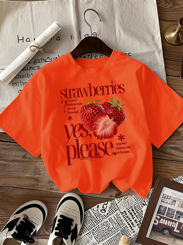 Strawberries Fruit Yes Please Printed Tee Shirts Woman Cotton Crewneck T Shirt Sport All-Match Streetwear Casual Loose Clothes