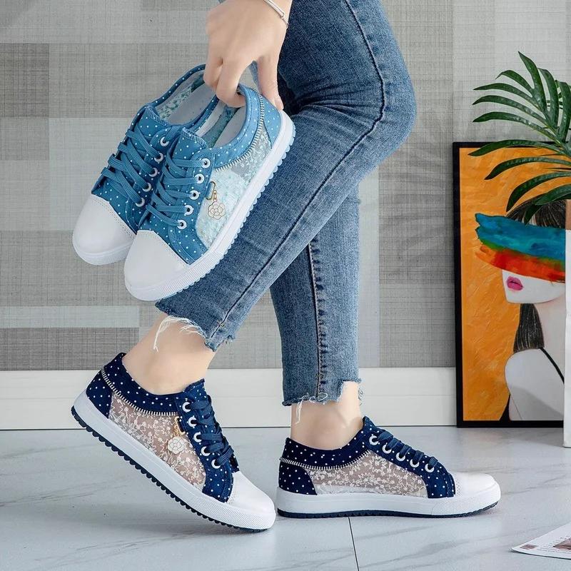 Summer Women's Hollow Denim Mesh Shoes Flat Casual Shoes Breathable Shoes Net Shoes