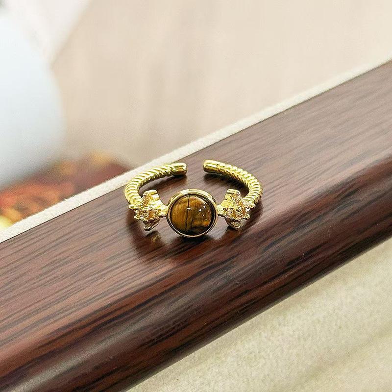 Maillard Imitation Tiger'S Eye Stone Inlaid Zir*****Pen Ring, Female Irregular Temperament Simple Retro Personality Stacked Ring