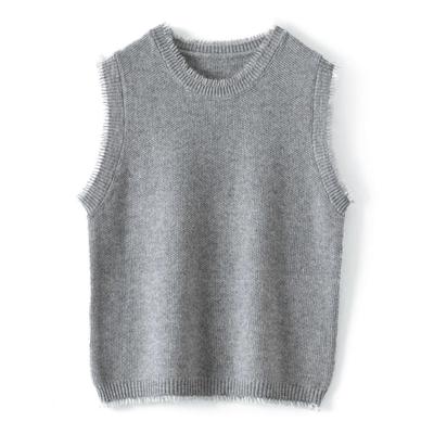 Damski sweter bez rękawów z frędzlami, okrągłym dekoltem, wykonany w 100% z wełny - Luźny, wszechstronny sweter wkładany