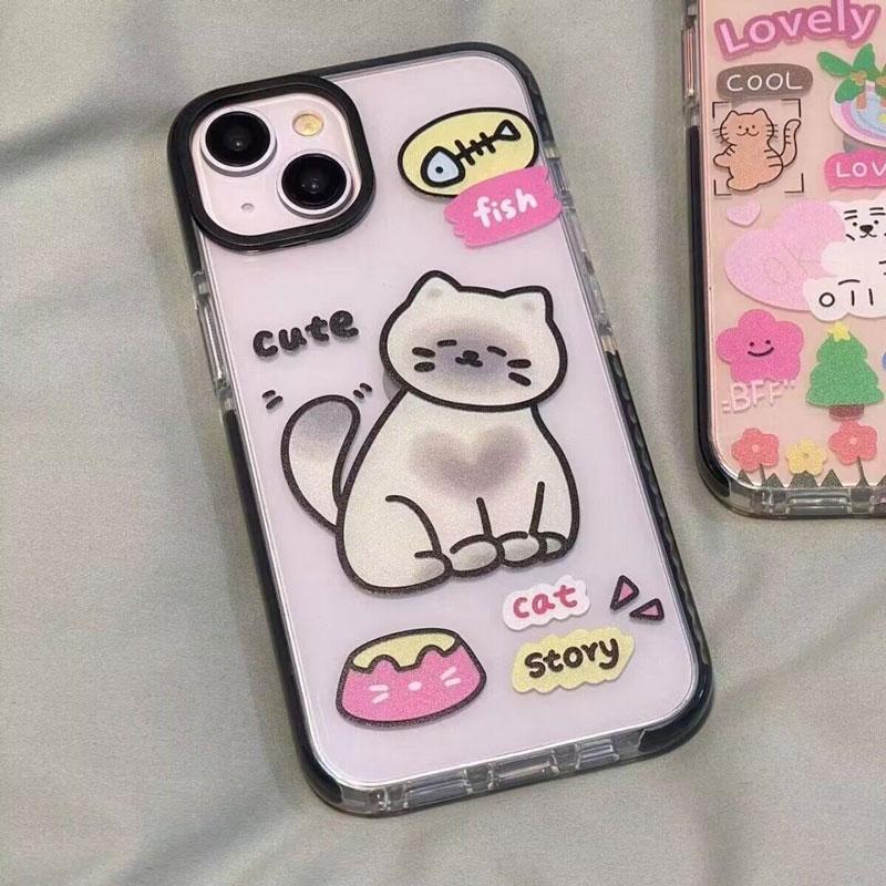 Fish Bone Lovely Little Cat Pattern Phone Case For iPhone 16 15 14 13 12 11 Pro Max XR XS 7 8 Plus Transparent Shockproof Cover