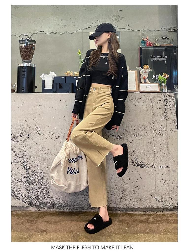 Women's High-Waisted Retro Khaki Cropped Wide-Leg Jeans with Raw Hem