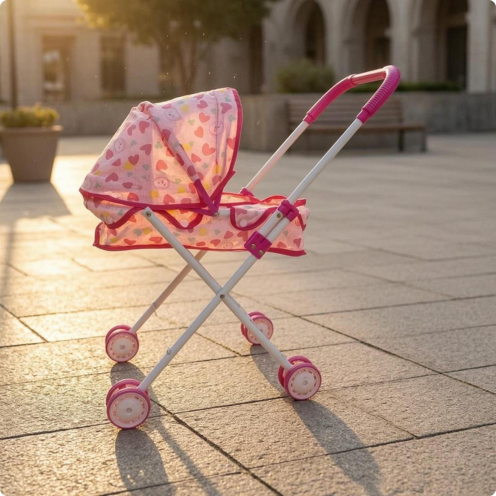 Foldable Doll strollers Metal Frame Pink Heart Carriage Compact Baby Pram