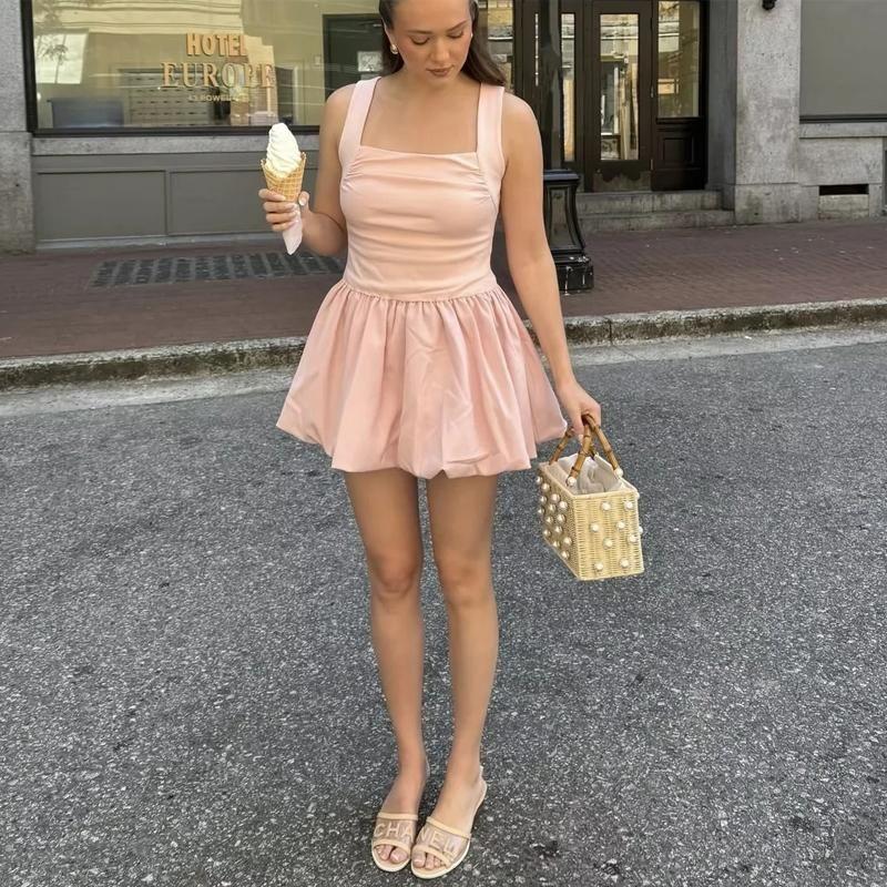 Fall and Winter New Women's Clothing French Style Design Sleeveless Square Collar A- Line Short Puffy Hem Sling Dress