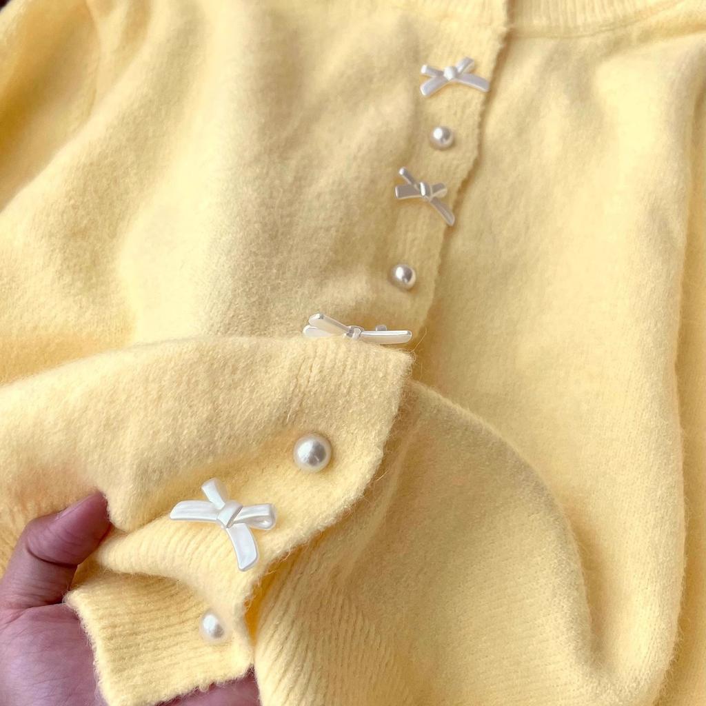Women's Sweater Gentle Style Long Sleeve Pearl Button Top Spring Autumn O-Neck Sweet Bow Yellow Knitted Cardigan Coat