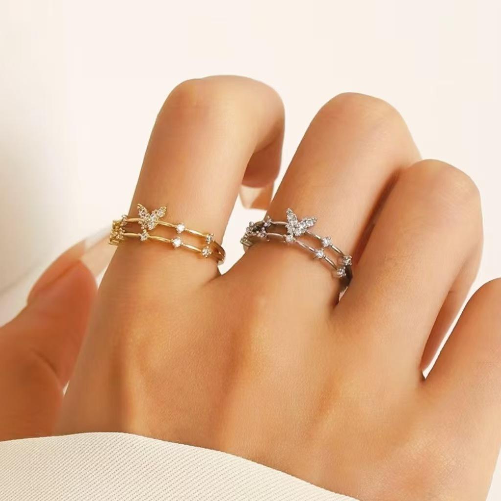 High-quality Retro Double-layer Ring for Women, Niche Ins Copper Micro-inlaid Zircon Butterfly Live Adjustable Simple Ring