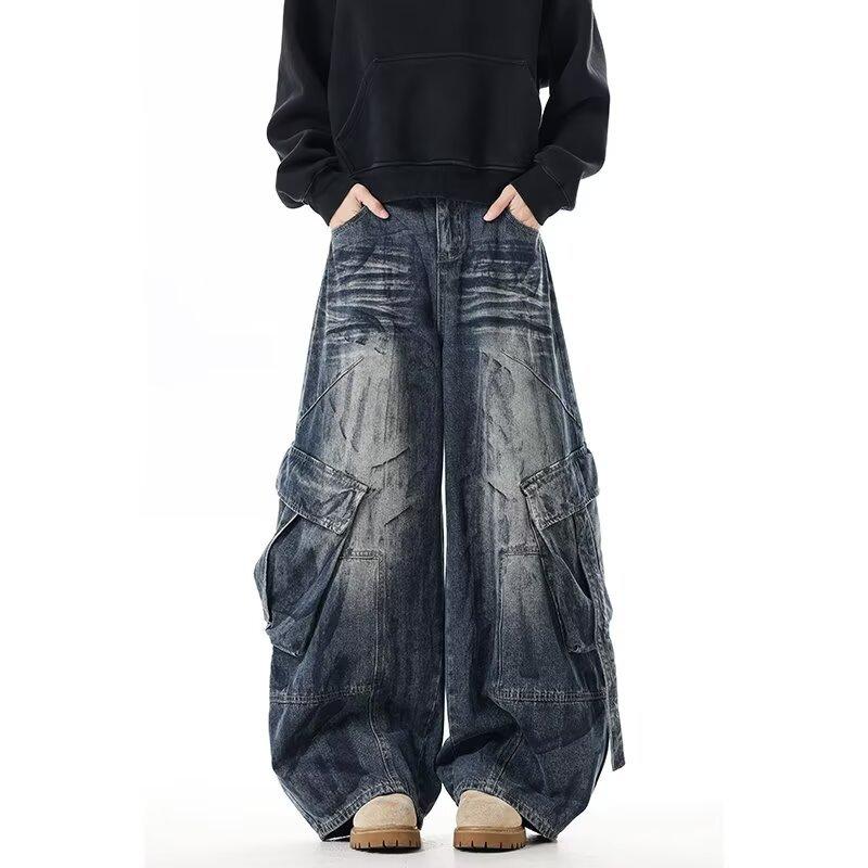 Jeans Larghi Unisex a Vita Media Deostrutturati Vestibilità Larga Vintage Americano Lavato Baggy in Denim Pantaloni Rilassati Lunghi Fino a Terra