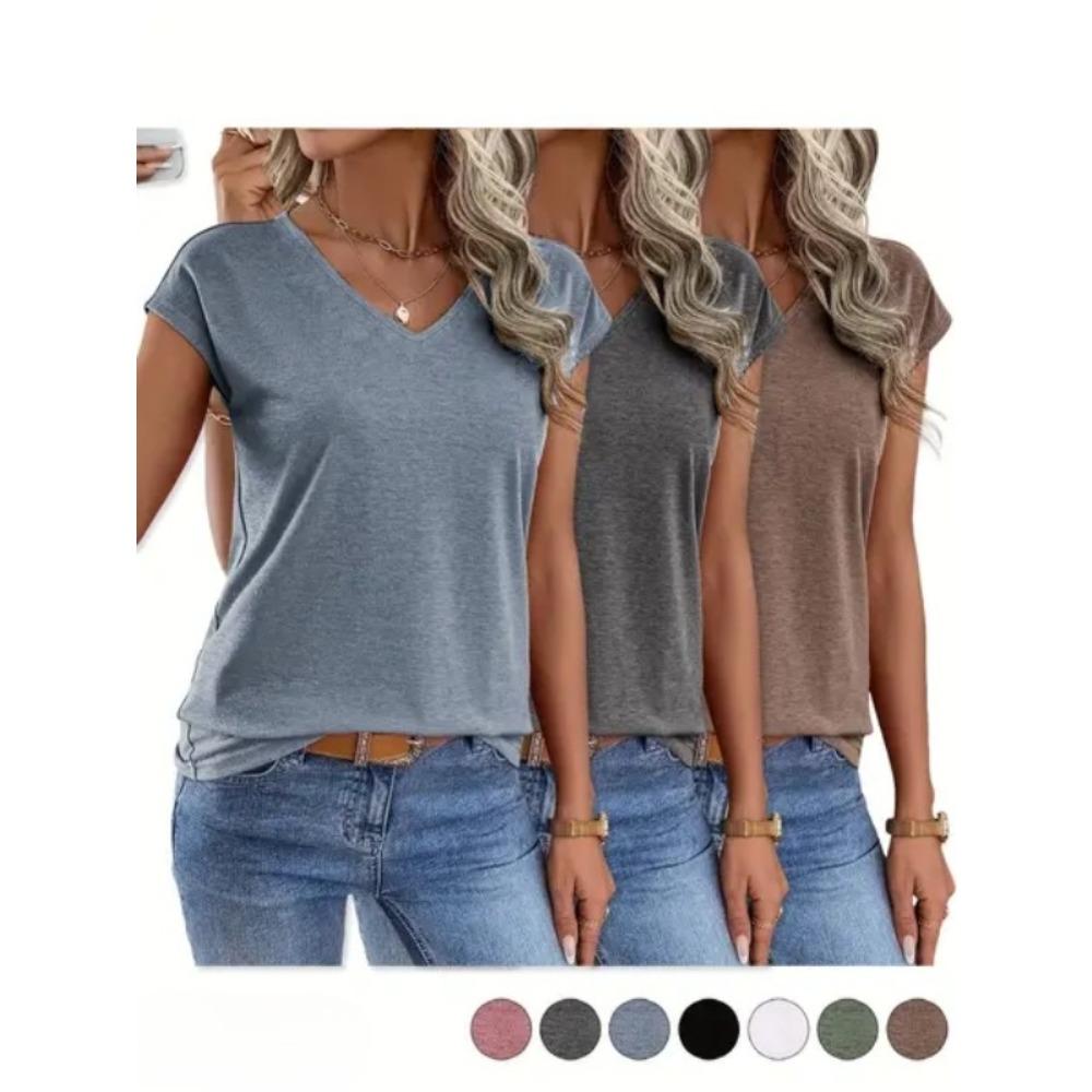 Women's Solid Color V-Neck T-Shirts, Lightweight Soft Cotton Tees for Spring & Summer, Casual Daily Basic Tops