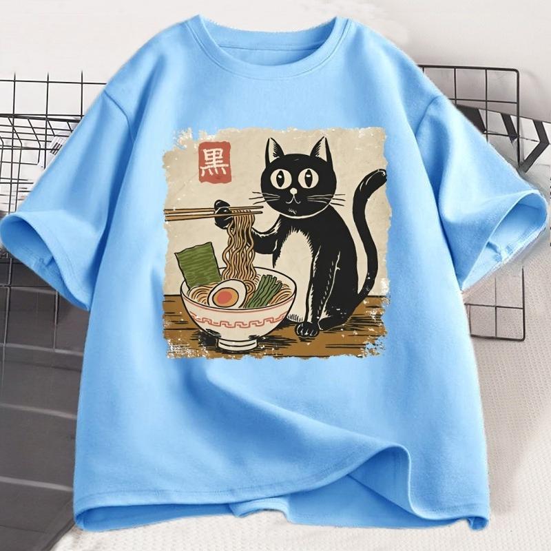 Funny Black Cat RaUnisex Tshirt Unisex Women Japanese Graphic Tees Kawaii Cat Anime Print T Shirt Casual Short Sleeve Unisexs Clothes