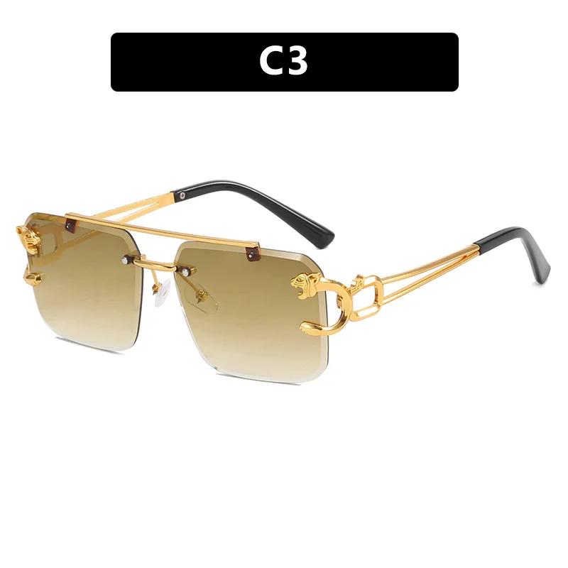 New Double Beam Square Sunglasses Leopard Frameless Cut Edge Sunglasses Women Vintage Trend Brand Design Men Shades Eyewear