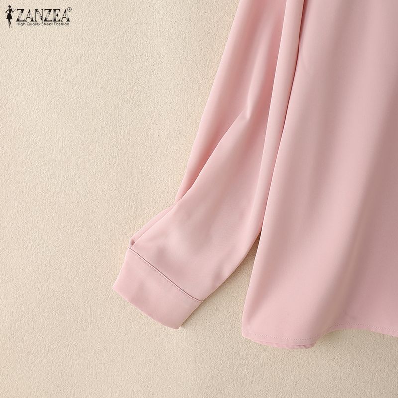 ZANZEA Women Casual Bow Collar Solid Color 3/4 Sleeve Blouse