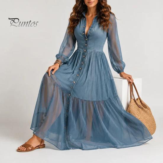 Versatile Women Dress Faux Denim Maxi Dress, Mesh Patchwork Long Sleeve Button Party Casual Down Shirt Loose Vintage Summer Simple Style