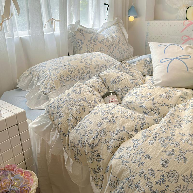 Ins Korean Style Floral Bedding Set 2024 New Washed Cotton 4pcs Bed Sheet Set Duvet Cover Set For Girls Bedding Decor Home