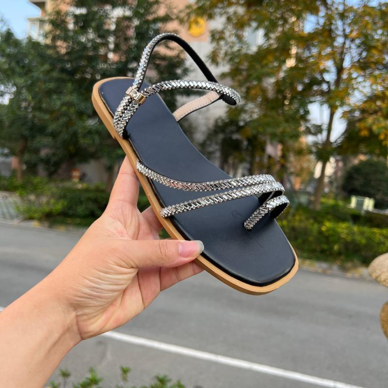 Rhinestone Strap Soft Sole Non-Slip Sandals Fashion Round Toe Toe Plus Size Roman Flats