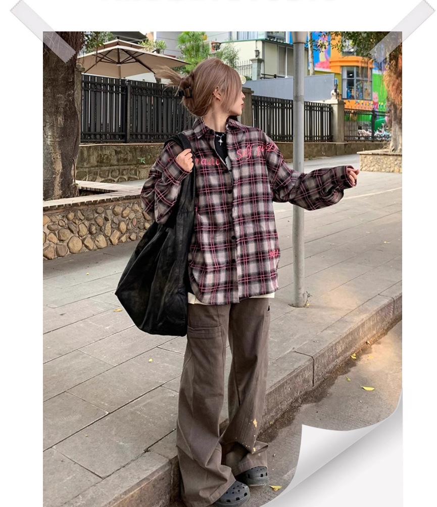 

Унисекс клетчатая рубашка с длинным рукавом и принтом букв - Коллекция Весна 2025 XL серый