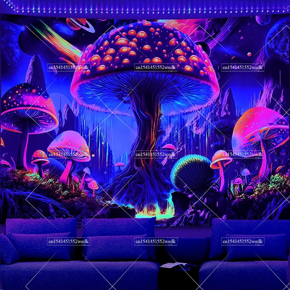 Skeleton Eye Blacklight Mushroom Tapestry UV Reactive Sun And Moon Neon Tapestrys Glow In The Dark Aesthetic Room Decor Posters