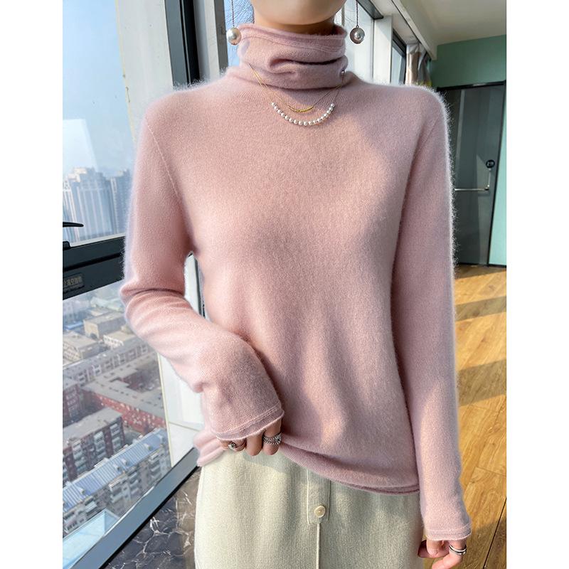 

Женский бесшовный кашемировый свитер с высоким воротником и подвернутым краем на осень/зиму: Свободный базовый слой с длинным рукавом XL розовый