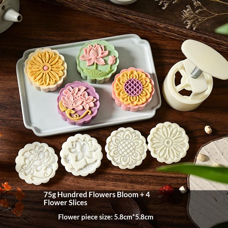 Plastic Hand Press Mooncake Mold No Oil Demold Needed with Multiple Pattern Stamps for Home Beginner Baking