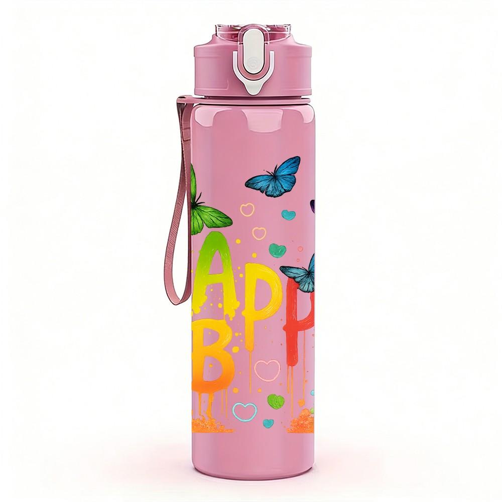 1PC Happy B Letter Butterfly 750ml Color Plastic Sports Water Bottle Leakproof Flip Straw Lid Suitable for Sports Office Home Use