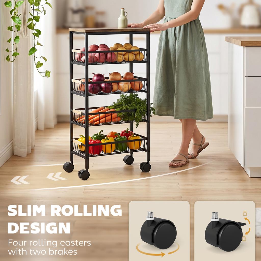 Metal Kitchen Trolley 4 Tier Storage Trolley With Pull Out Baskets And 4 Swivel Casters For Kitchen Rustic Brown