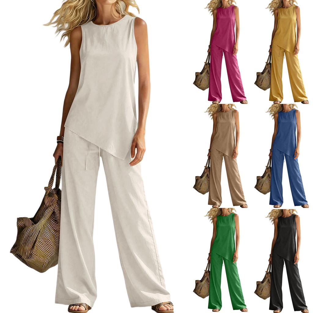 Women's Fashionable Loose Round-neck Vest With Asymmetric Hem Sleeveless Pullover Top High-waisted Wide-leg Pants Set