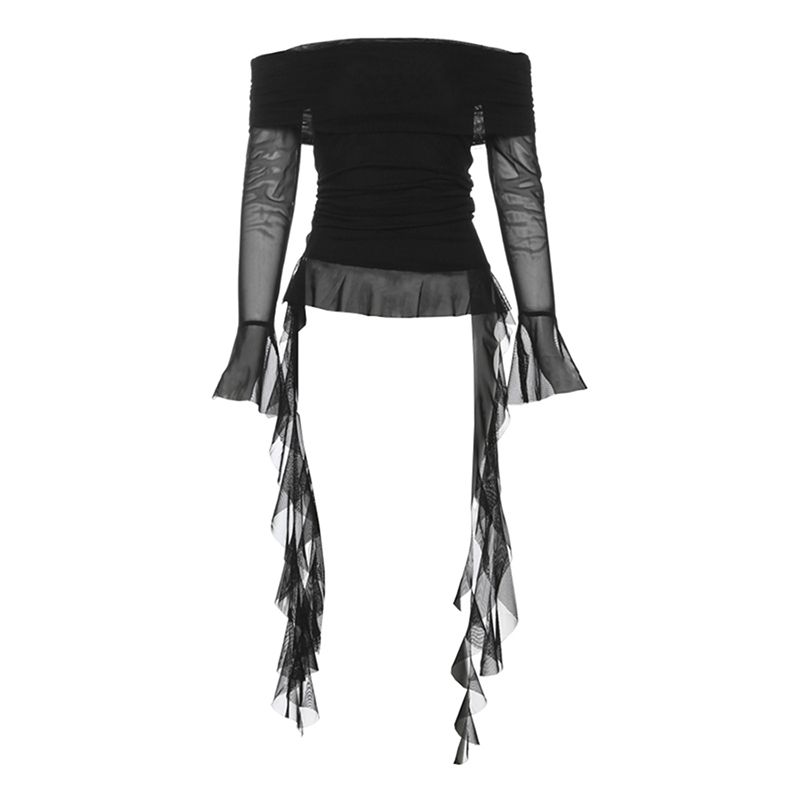 # Sisjuly# Artistic Pure Desire Girl off-Shoulder Elegant Tassel Wild T-shirt Women's Tulle Slim Looking Tops
