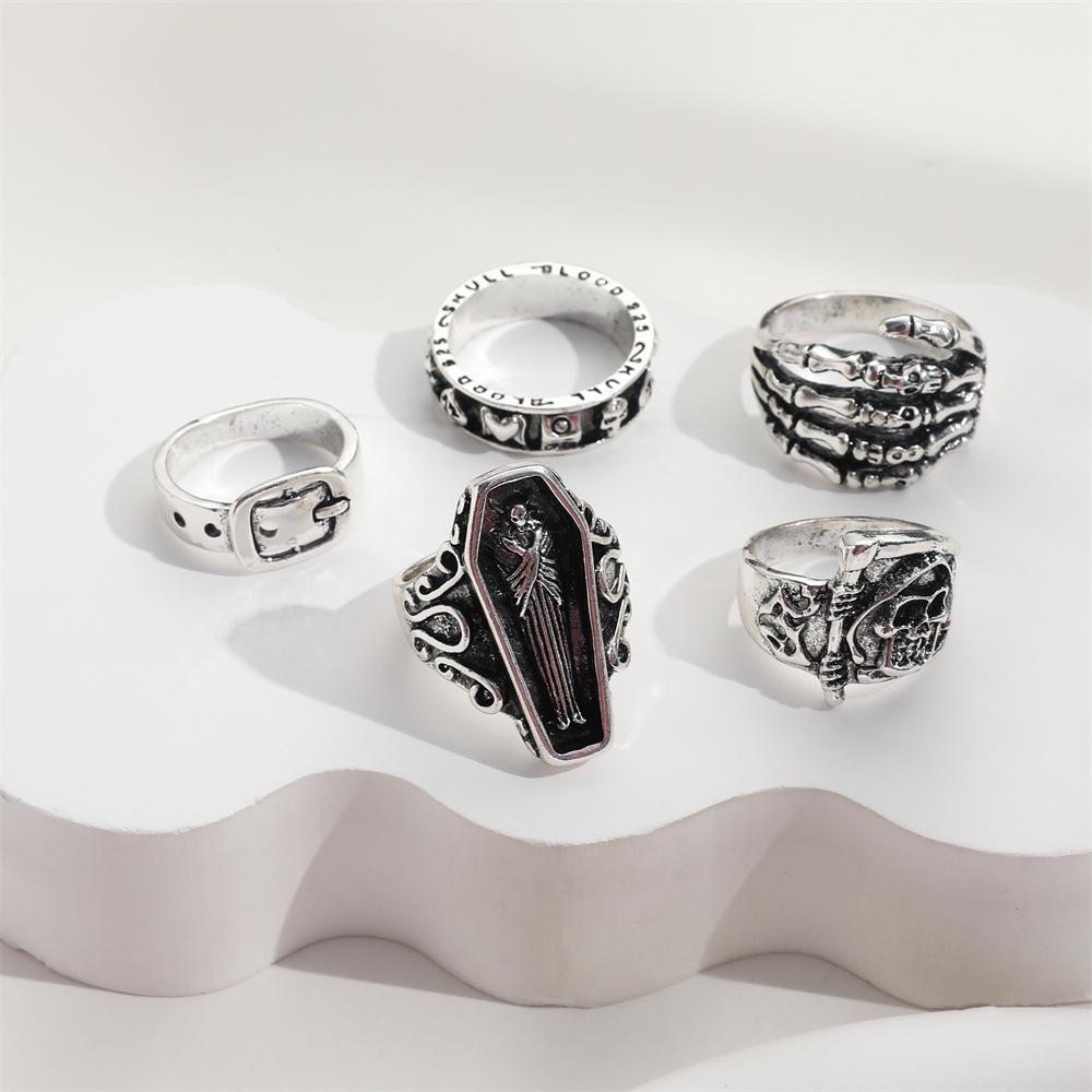 Cool Handsome Ladies Grip Ring, Punk Reaper Sickle Retro Belt Buckle Ring 5-piece Set