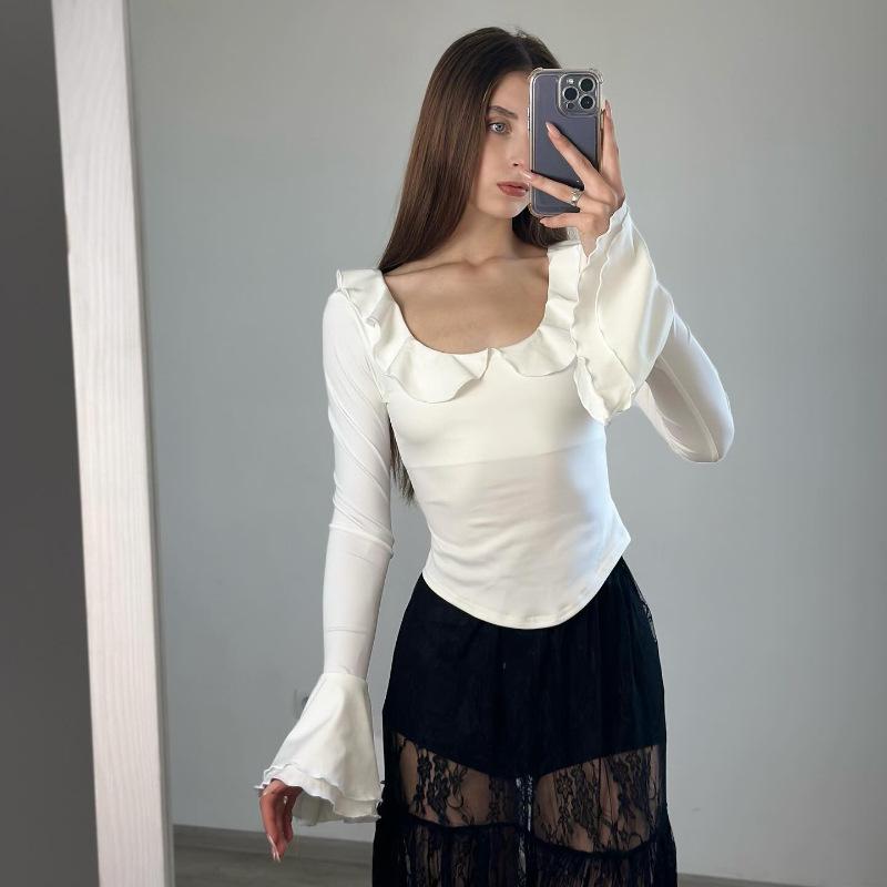 Topuri Albe cu Volane pentru Femei Sexy Slim Solid Mânecă Lungă Pulover Top Elegant Patchwork Streetwear Casual Top Tricou Femei