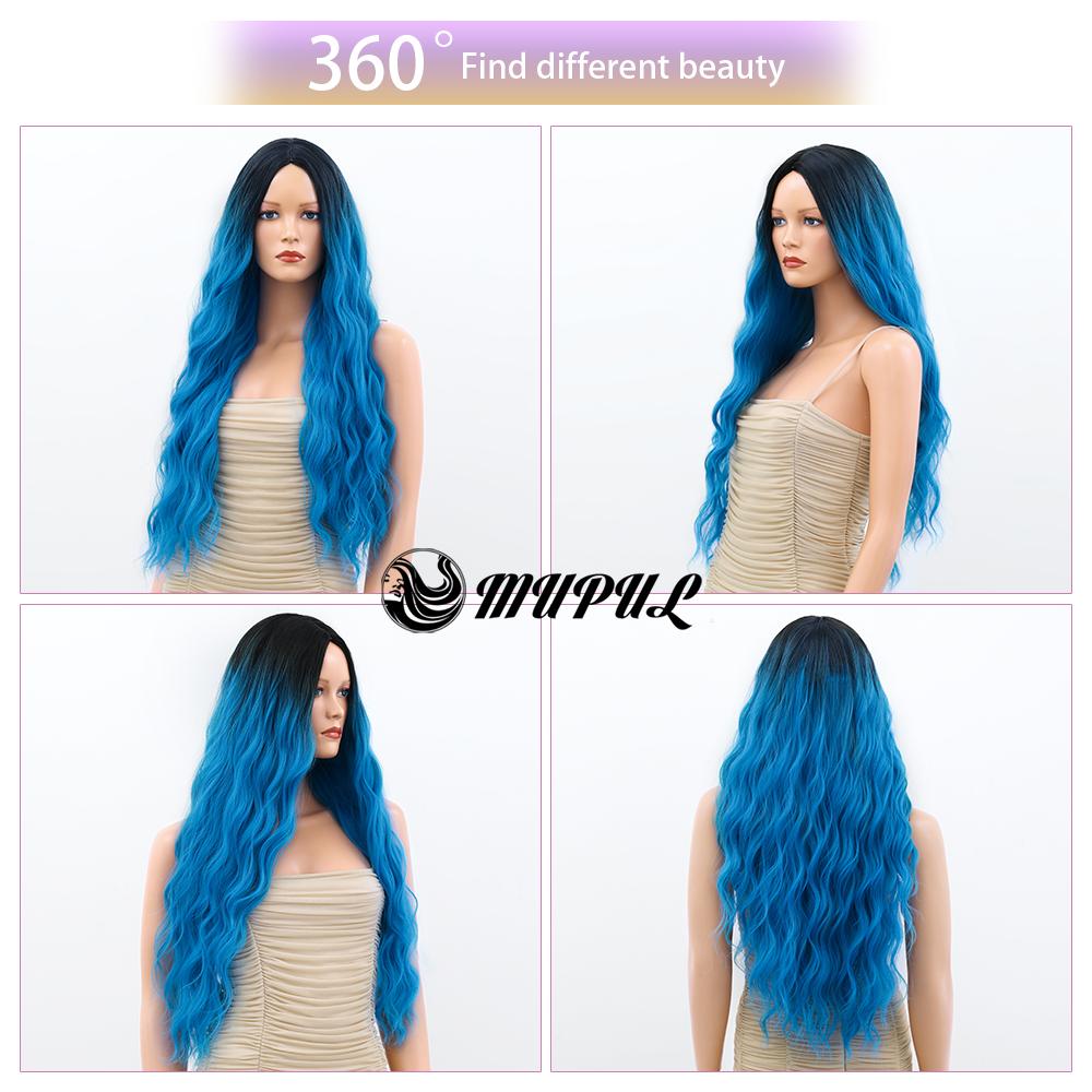 Synthetische Perücke für Frau, blau gefärbt, Ombre, langer Körper, Wasserwelle, Cosplay-Party, Lolita, 28 Zoll, hitzebeständige Nutural-Perücke