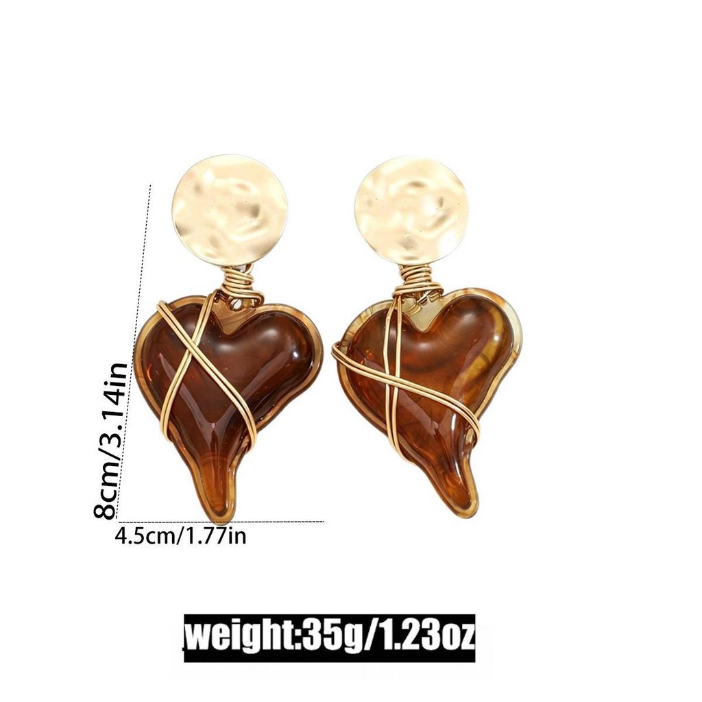 Elegant Gold Wire-Wrapped Brown Heart Stud Earrings - Versatile European & American Style