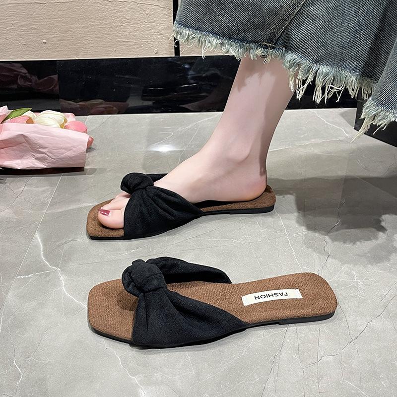 Suede Cool Slippers Women's Summer New Outer Wear Fairy Wind Square Head Flat Bottom One-word Drag Beach Slippers Large Size Women's Shoes