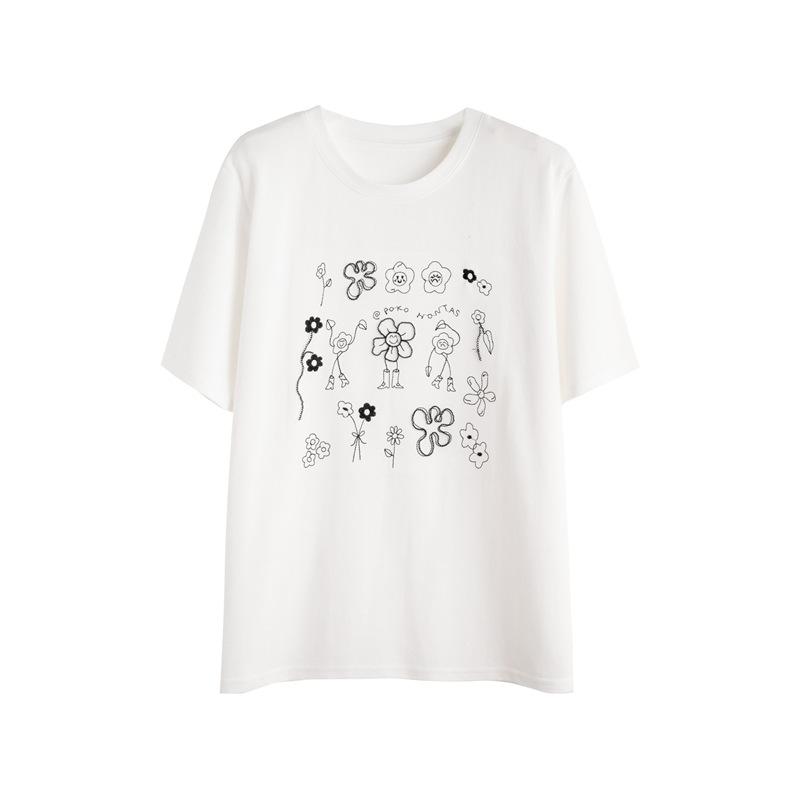 Pure Cotton Printed Flower Letters Summer Versatile Simple Korean Loose and Thin Short-sleeved Bottoming Shirt T-shirt Women's Inside