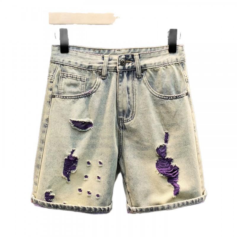 Mens Light Wash Distressed Denim Shorts Loose Fit Ripped Jeans Casual Streetwear