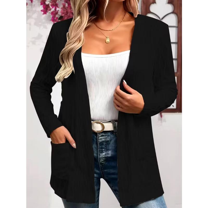 Spring and autumn comfortable casual elegant solid color fashion texture fabric pocket large size women's unbuttoned cardigan