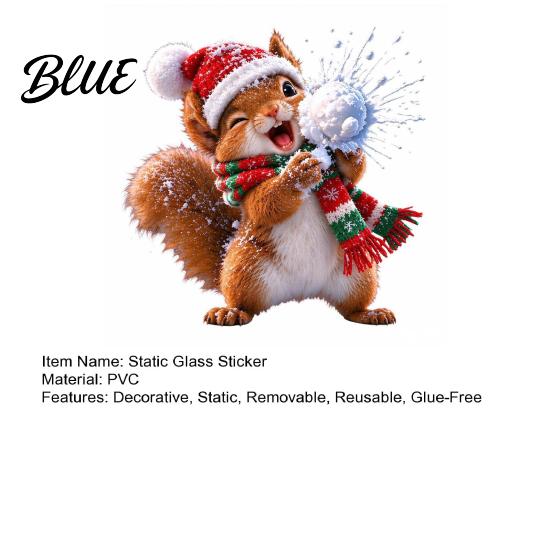 Christmas Party Supplies Squirrel Window Cling with Santa Hat and Scarf Design Cute Snowball Static Winter Wonderland Decor Glass Sticker Removable