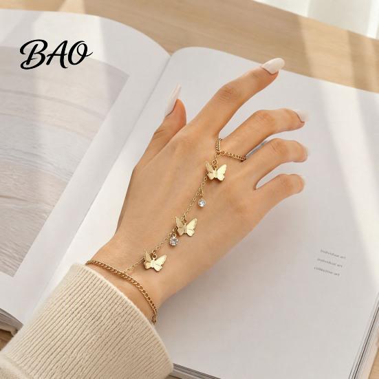 Adjustable Butterfly Bracelet Golden Hand Chain for Women, Metal Tassel Gold Tone Jewelry Women with Finger Ring, Harness Unique Ornament