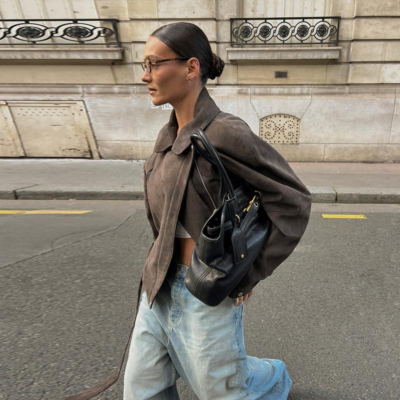 Fashion Women's Short Suede Jackets Belt Lapel Puff Long Sleeve Zipper Pockets Coats 2025 Spring Lady Vintage Street Outwears