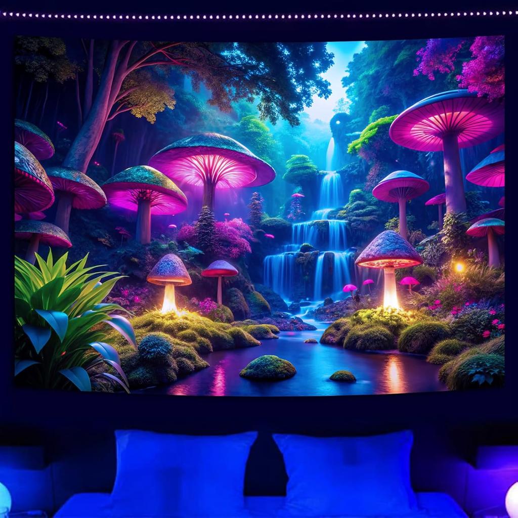Miytal Blacklight Fantasy Mushroom Waterfall Tapestry – UV Reactive Neon Forest Wall Hanging, Glow In the Dark Nature Art Décor for Bedroom,