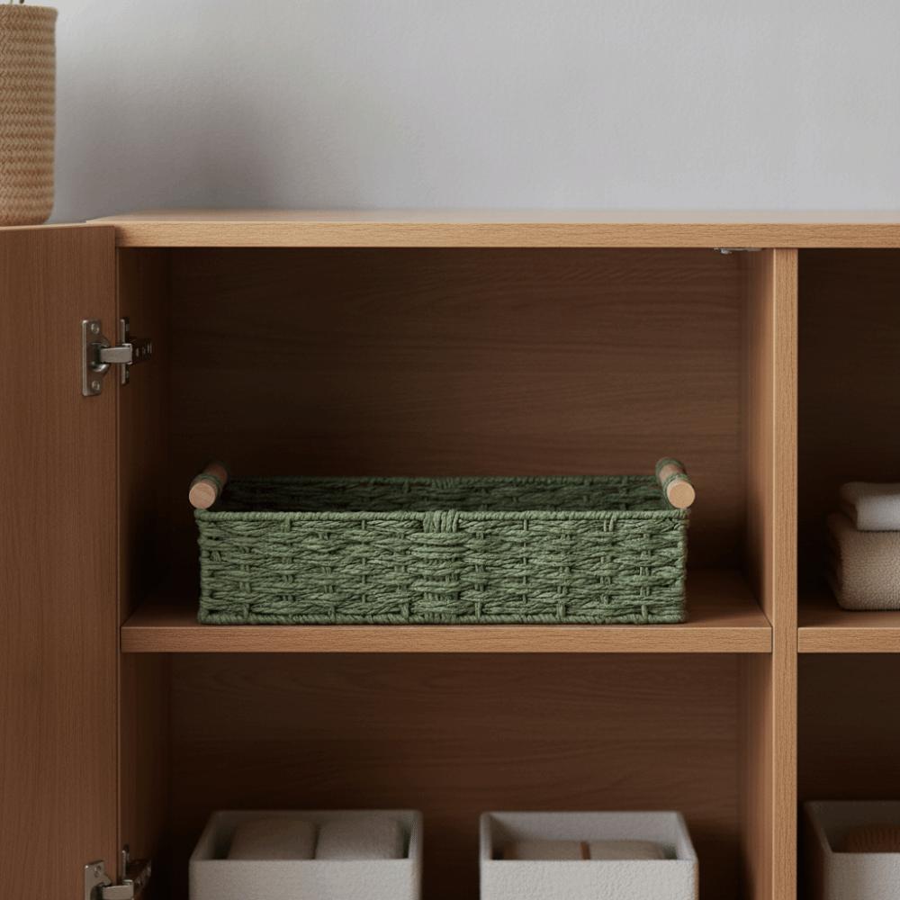 Retro Braided Toilet Paper Basket Wood Handle Ventilated Bathroom Storage Basket Rectangular Handwoven Sundry Storage Basket