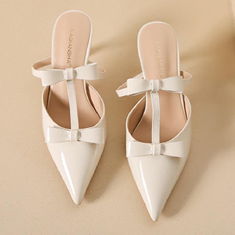 Fashion Elegant Black Pointed Toe Pumps Women Sweet Butterfly-knot T Strap Decoration Slide Sandals Fashion Comfort Brand Designer Shoes