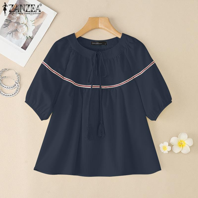 ZANZEA Women Casual Round Neck Loose Summer Half Sleeve Blouse