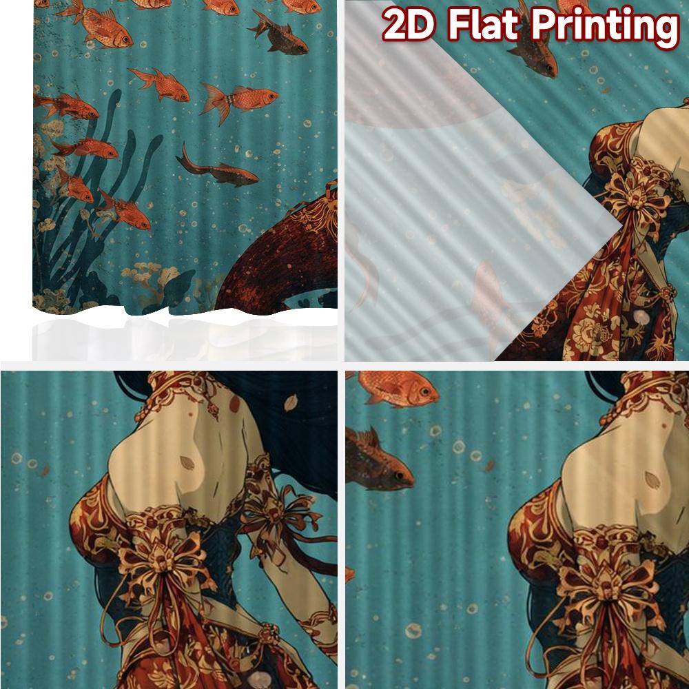 2D FLAT PRINTING 2pcs Curtains (Without Rod) Mermaid with Goldfish Modern Curtains Roller Blinds Prints Light Filtering Curtains