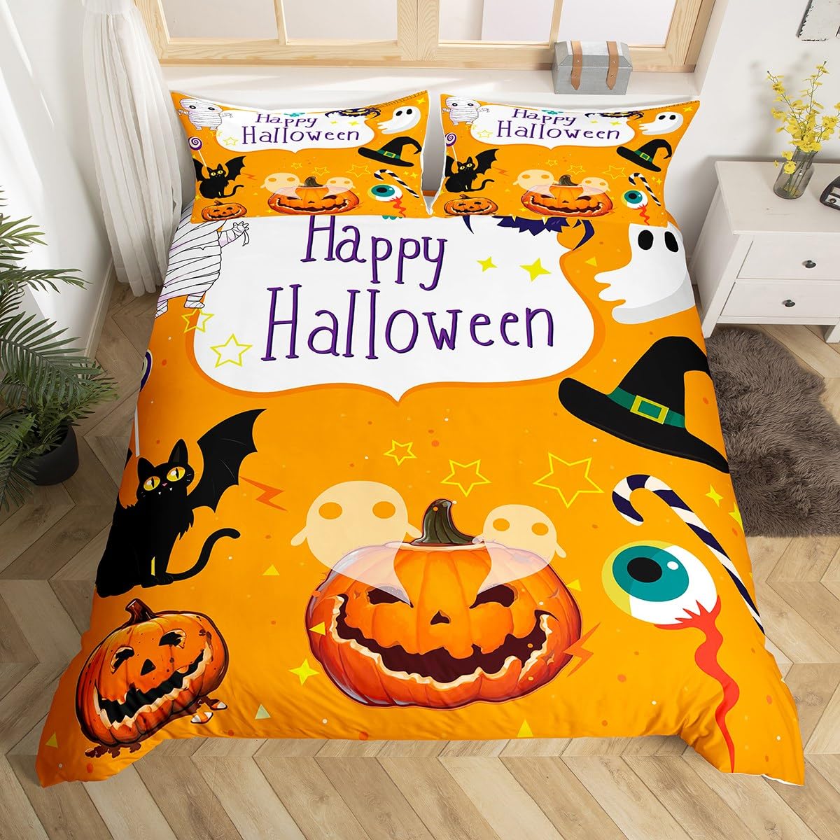 

Halloween Duvet Cover Sugar Skull Head Bedding Set Queen/Full Size Spooky Scary Bats Skeleton Comforter Cover for Teens Youth EU Single(135*200cm)3pcs