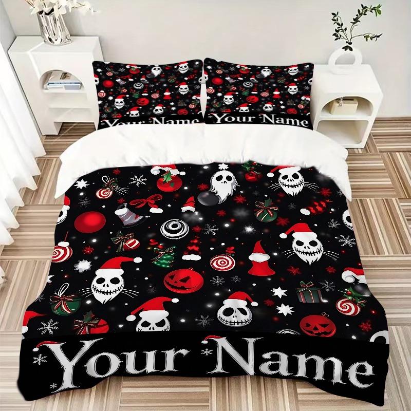 Spooky Christmas Skull Print Bedding Set Personalized Washable Custom 3Pcs Duvet Cover Pillowcases Soft Microfiber Home Bedroom Gift