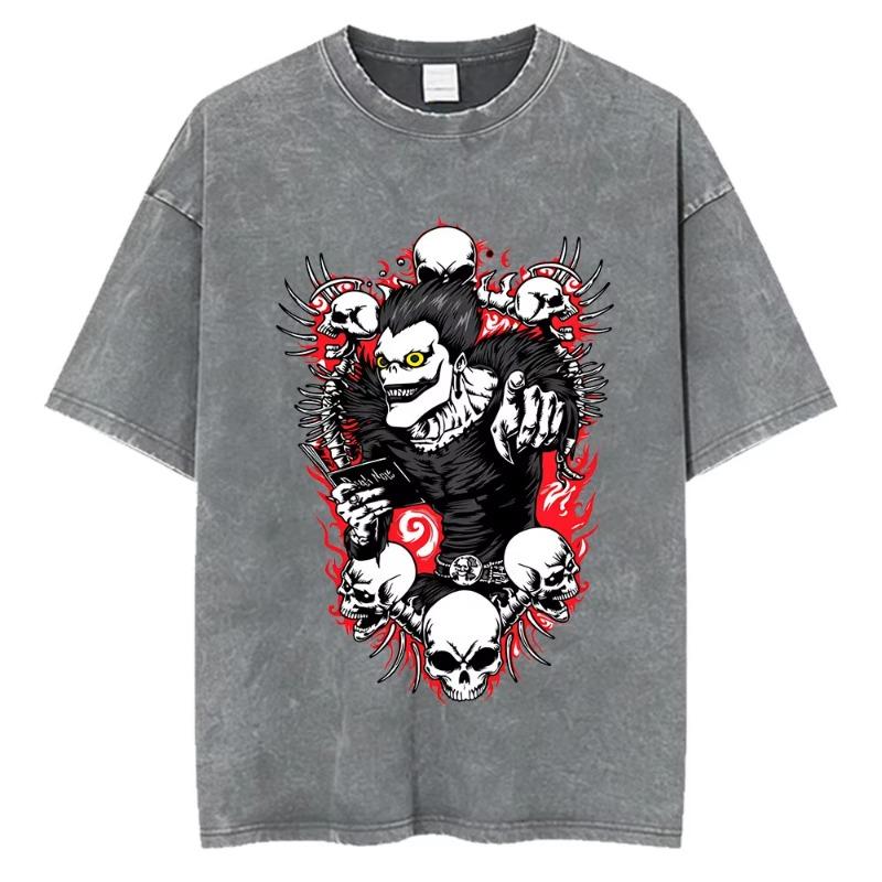 Anime Death Note Ryuk Yagami Light Vintage gewaschenes T-Shirt Herrenbekleidung Baumwoll-T-Shirt Mode Kurzarm-T-Shirts Streetwear
