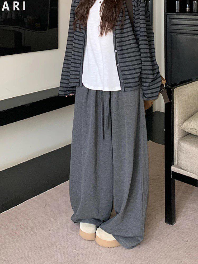 

Dark Gray Wide-Leg Drawstring Pants - French Casual Loose Fit One Size темно-сірий