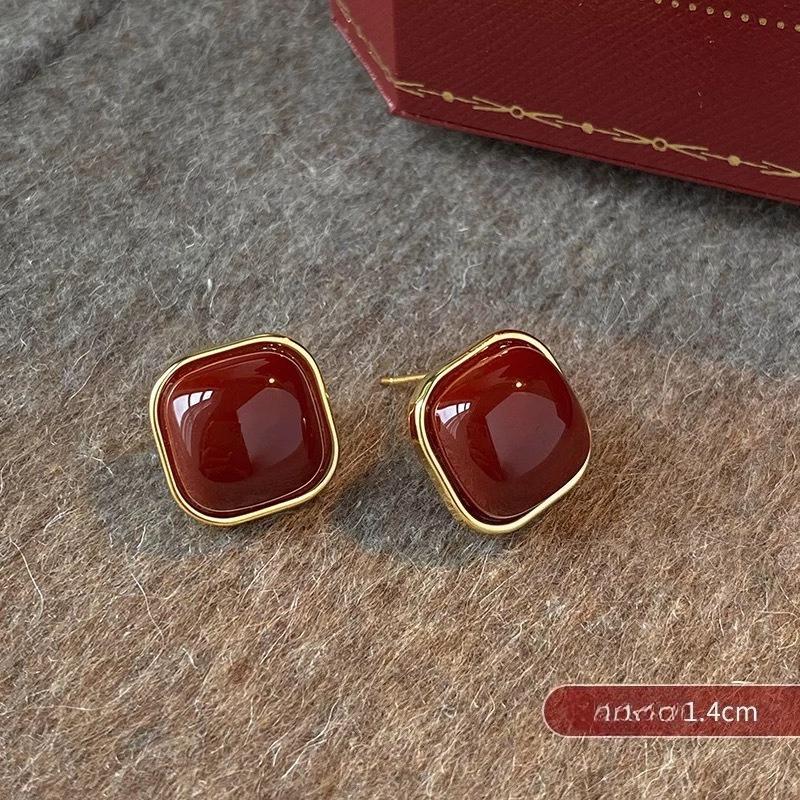 Vintage Enamel Stud Earrings for Women - Wine Red Geometric Square Metal Earrings, Hypoallergenic Wedding & Party Jewelry Gift