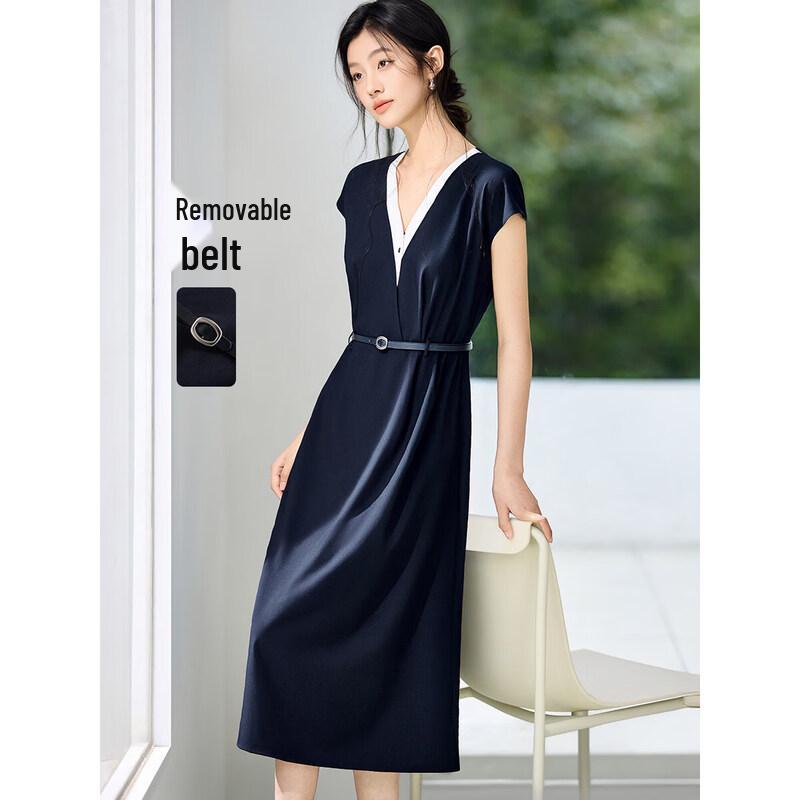 Elegant V-Neck Faux Two-Piece A-Line Dress M темно-синий