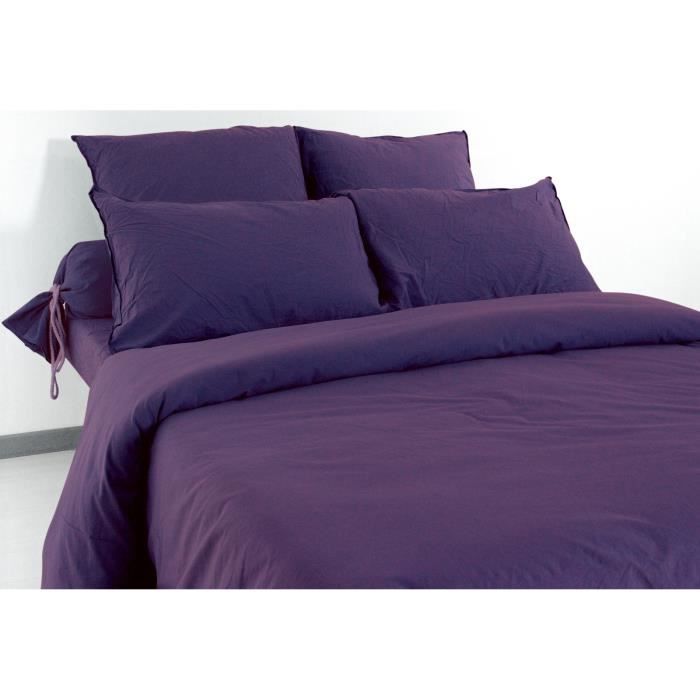 Housse de couette - PALACE - 220x240cm - 100% coton froissé - Couleur PRUNE - Repassage superflu