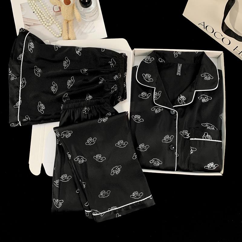 Women's Ice Silk Pajama Set: Built-in Bra, Silver Cinnamon Dog & Cat Top, Shorts & Long Pants